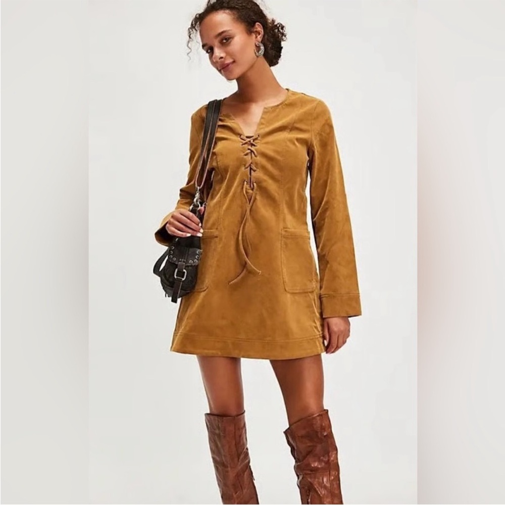 Free People Bradley Faux Suede Lace-Up Long Sleeve Dress